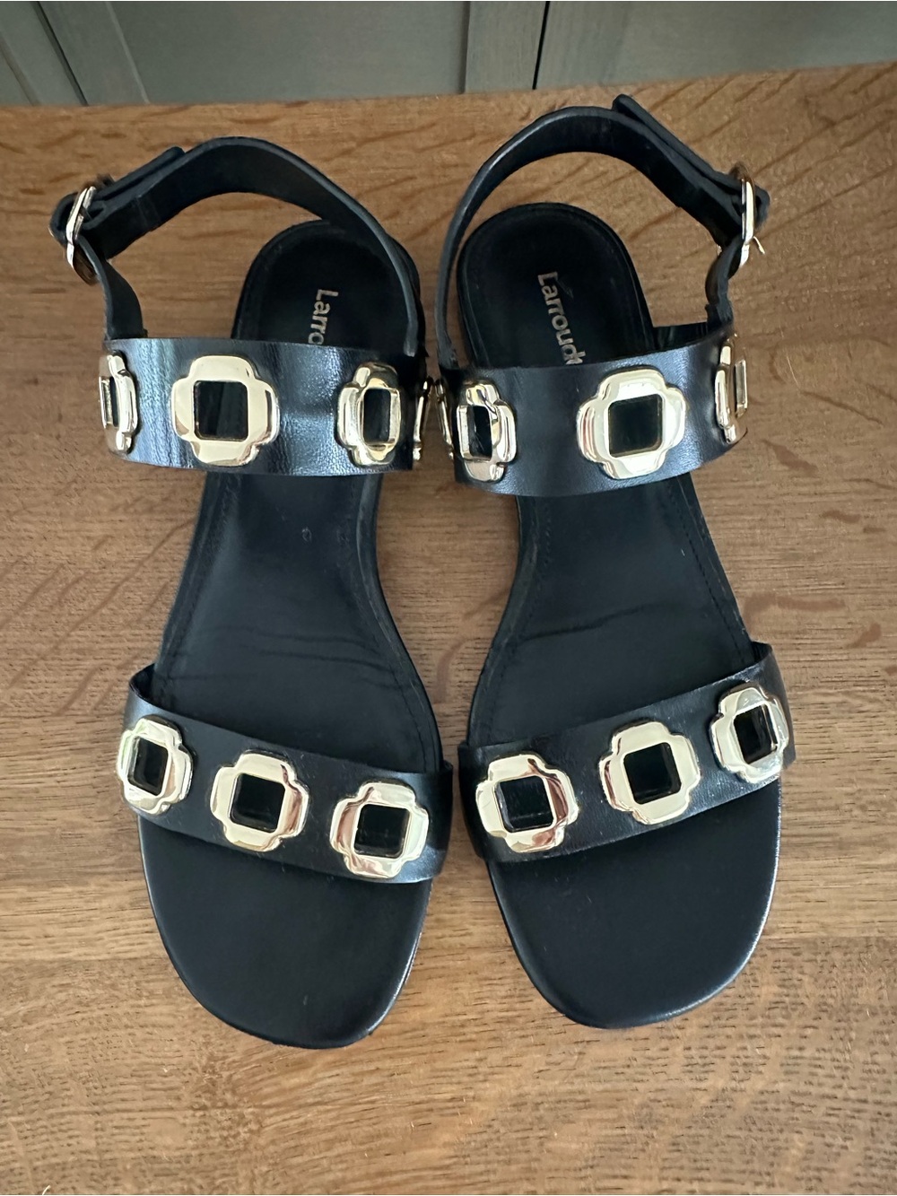 Larroude Milan Black Leather Sandal with Gold Accent, Size 8 - Picture 5 of 15